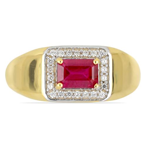 14K GOLD NATURAL GLASS FILLED RUBY GEMSTONE HALO RING WITH WHITE DIAMOND